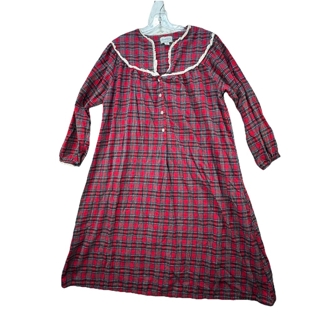 LANZ OF SALZBURG Red Plaid Flannel Nightgown Womens Medium Grandma Prairie